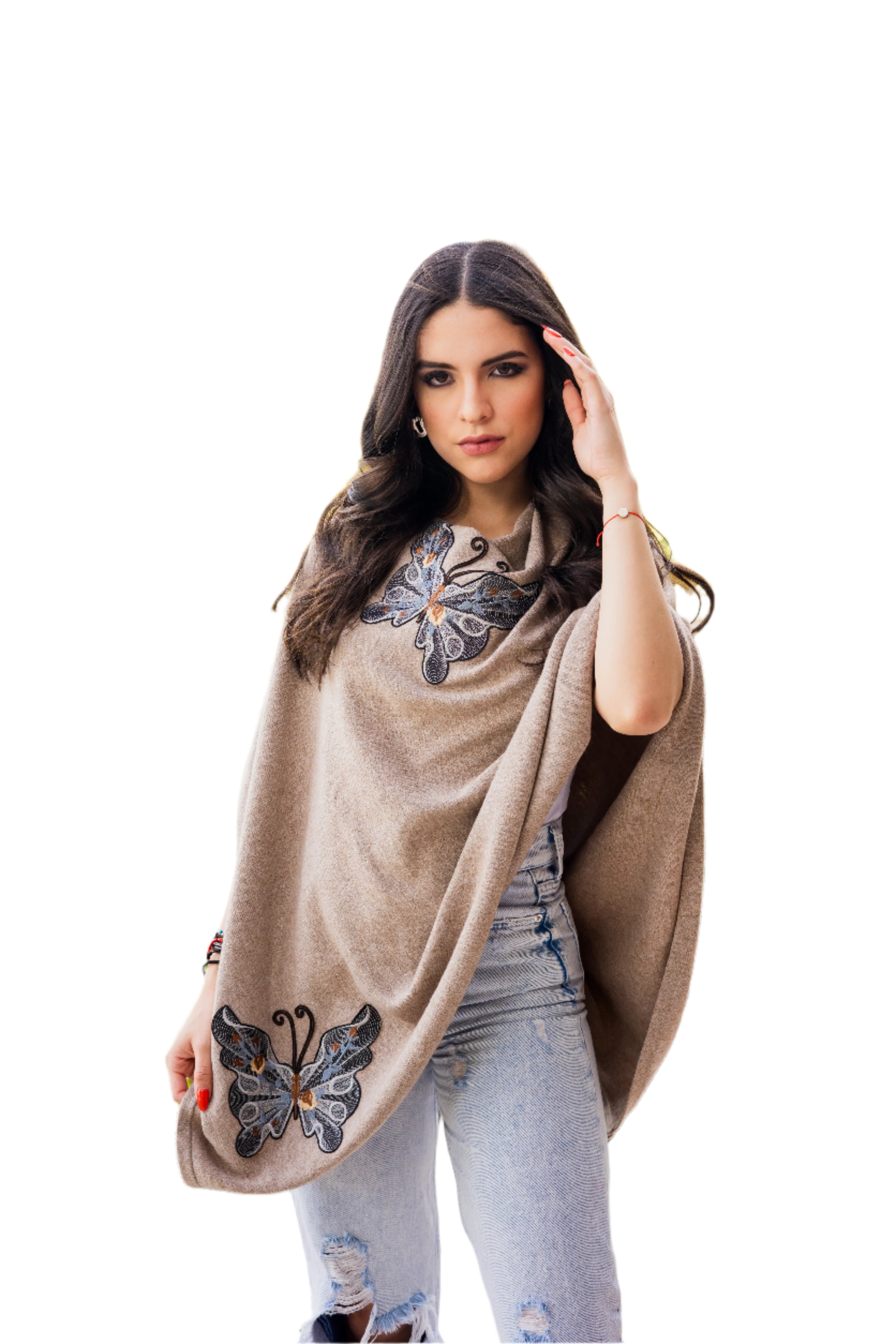 Knitted Poncho with Butterfly Embroidery