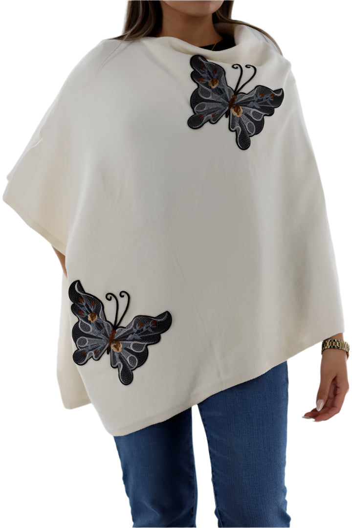 Knitted Poncho with Butterfly Embroidery