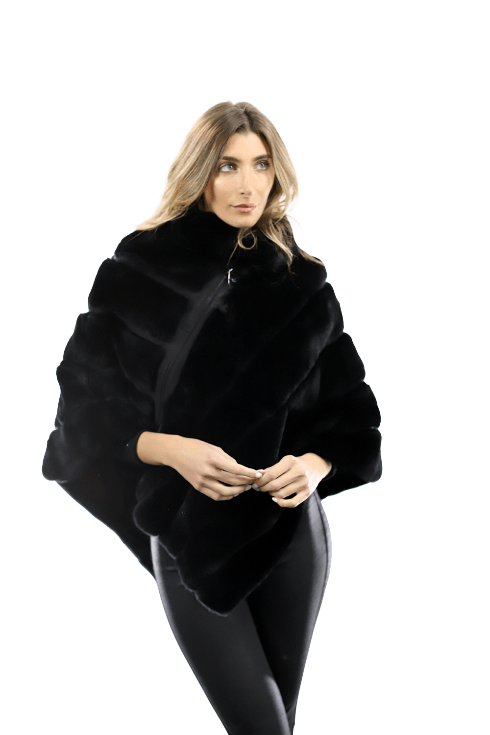 La Fiorentina -  Rex Rabbit Poncho with Zipper - Black