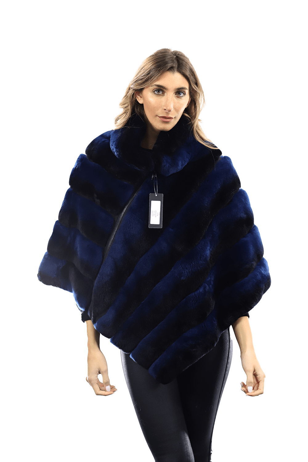 La Fiorentina -  Two Tone Rex Rabbit Poncho with Zipper - Blue