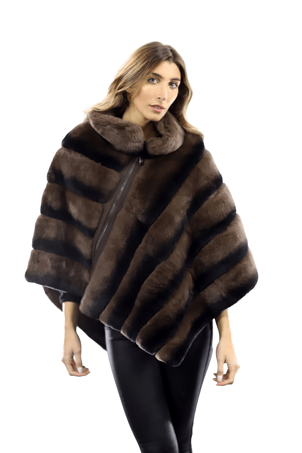 La Fiorentina -  Two Tone Rex Rabbit Poncho with Zipper - Brown