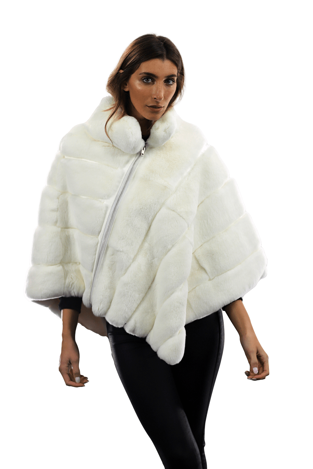 La Fiorentina -  Two Tone Rex Rabbit Poncho with Zipper - White